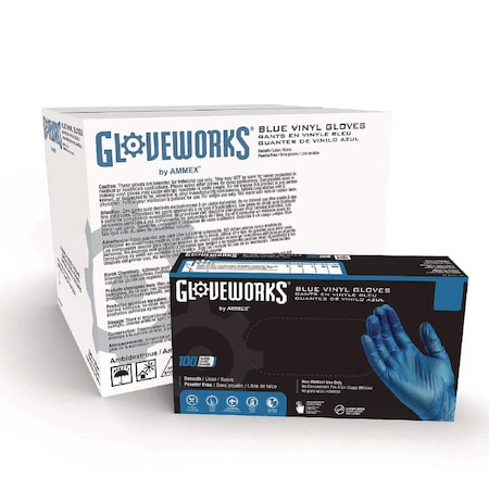 Gloveworks By Ammex Disposable Gloves, 3 mil Palm, Vinyl, Powder-Free, L, 1000 PK, Blue IVBPF46100